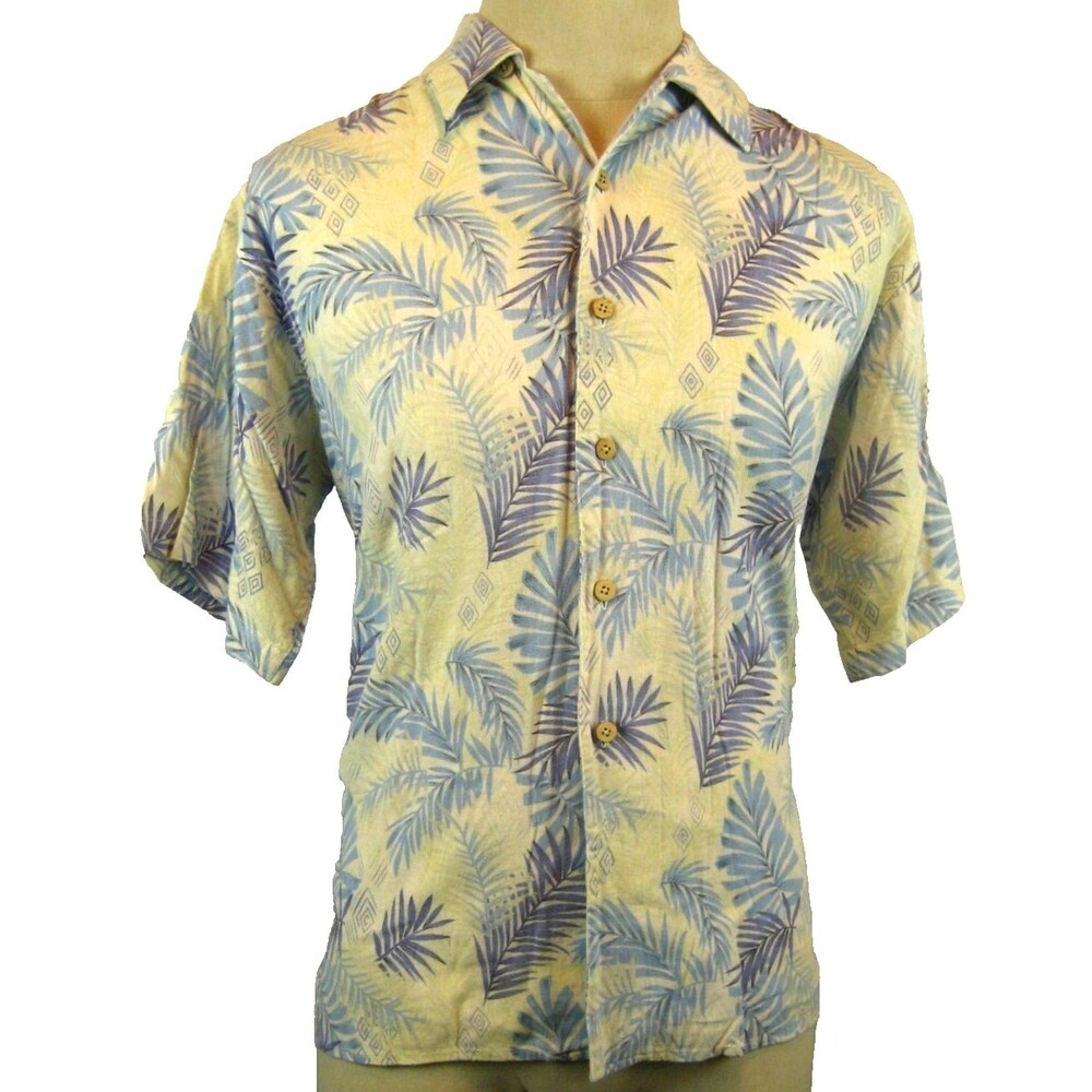 Mens Foliage Blue Floral Linen Blend SS Island Aloha Hawaiian SS Casual Shirt  M
